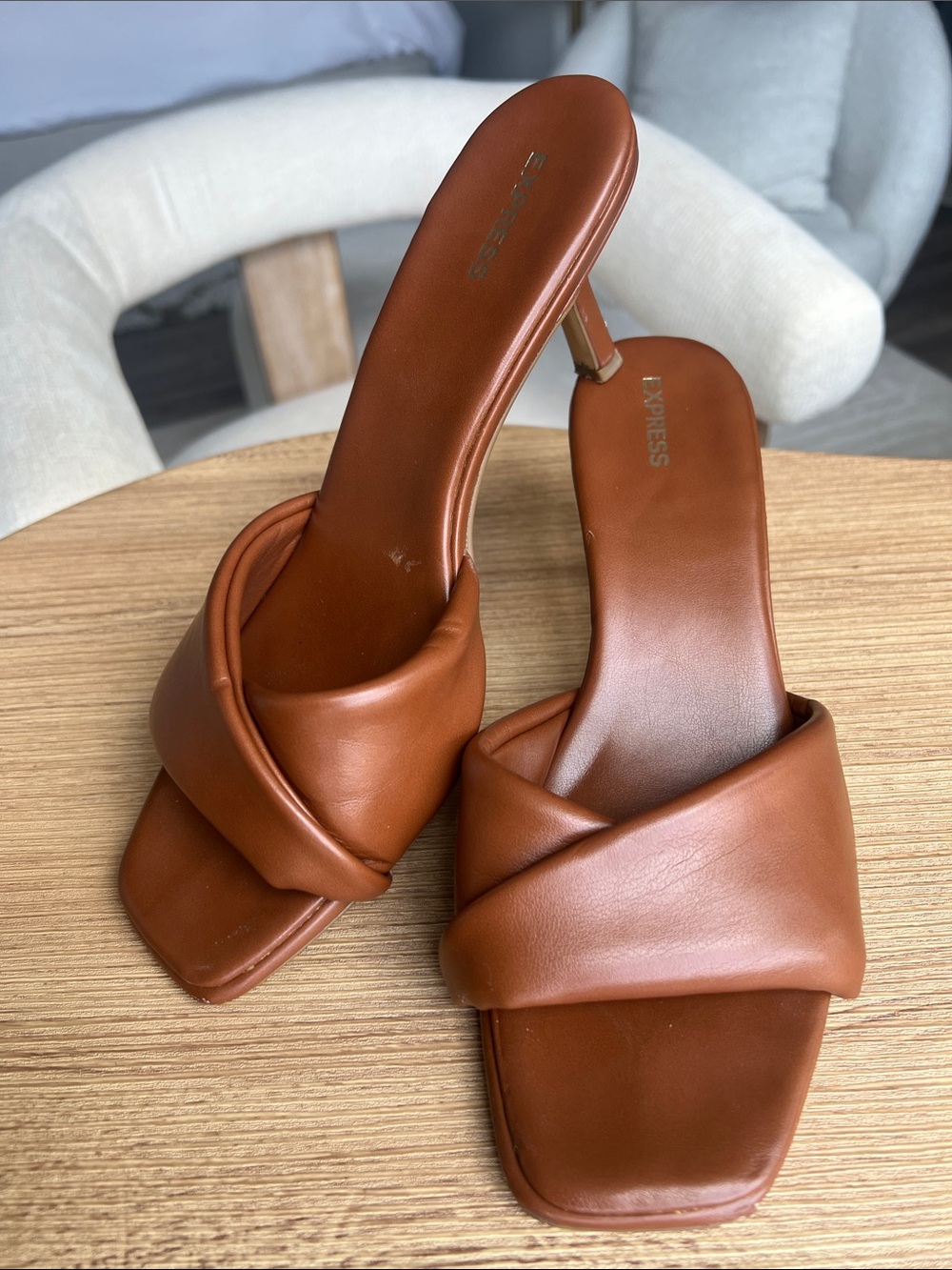 Express Cognac Brown Knotted Leather Slide Heels